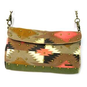 BILLABONG Aztec Print Fabric Studded Crossbody Bag w/ Chain Strap